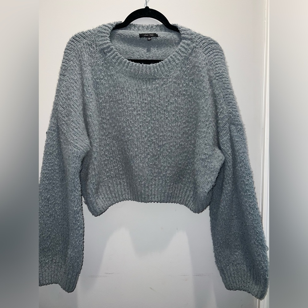 Love tree cropped oversized fuzzy sweater - grey-blue